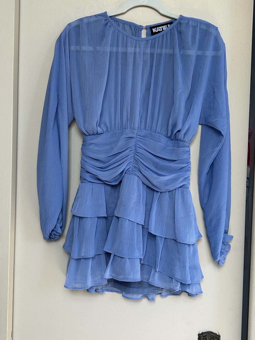 Katie J NYC Morgan Dress Size XL Blue Tiered Ruffle Mini Chiffon